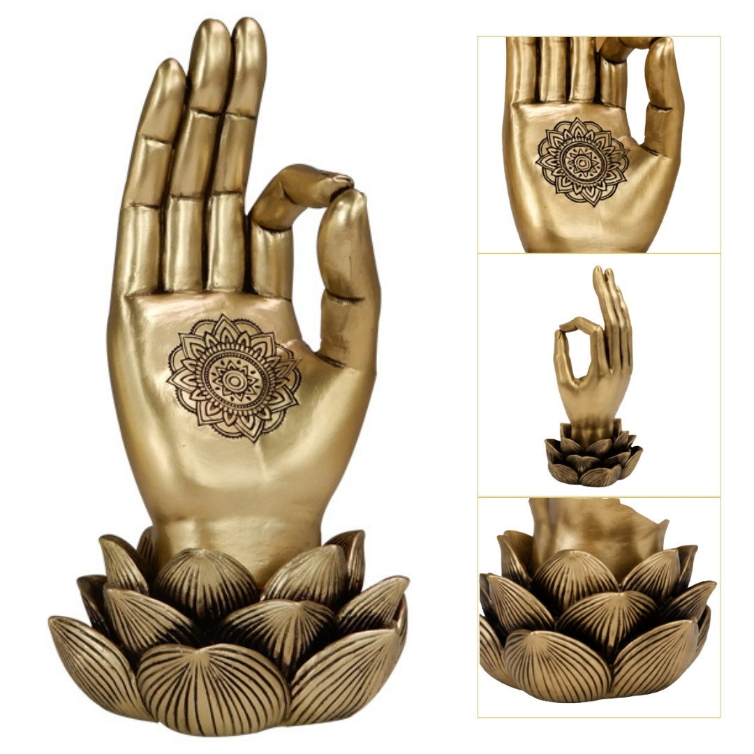 Figurine dorée Main de Bouddha Mudra OM - Yoga Fleur de lotus - 43724