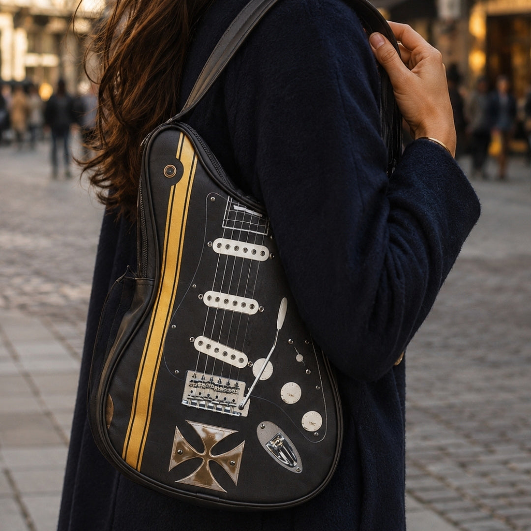 Sac à bandoulière en forme de guitare avec croix de Malte – Cadeau pour un guitariste - RBG-005