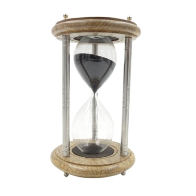 Brass-Wooden Hourglass 10 min with Engraving - Elegant Black Gift, Height 25 cm, Made of Metal, Glass, and Mango Wood