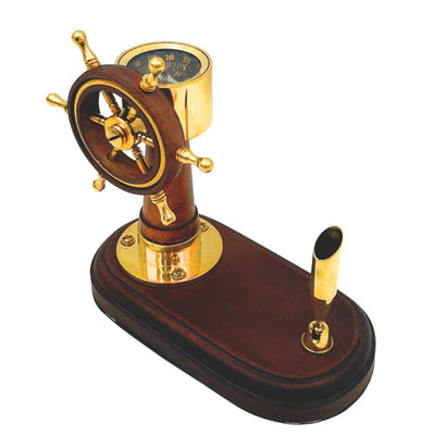 Élégant ensemble de bureau avec roue de gouvernail et boussole avec porte-stylo – Bois et laiton – TT017