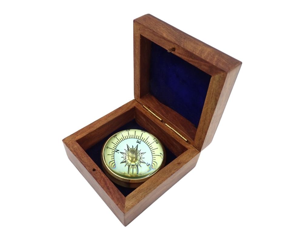 Brass Lens Compass CLEB in a Wooden Box with Engraving