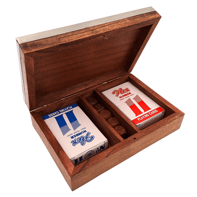 Deux jeux de cartes et dés à jouer dans une boîte en bois avec dessus en aluminium - DC-004