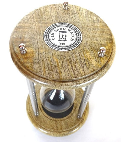 Brass-Wooden Hourglass 10 min with Engraving - Elegant Black Gift, Height 25 cm, Made of Metal, Glass, and Mango Wood
