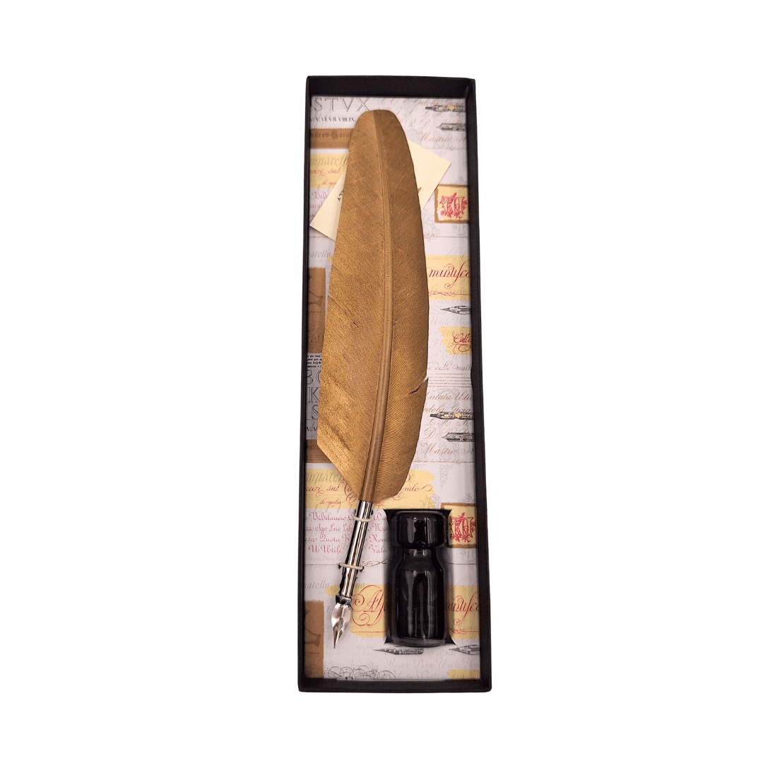 Set de calligraphie - plume d’oie dorée avec plume métallique + encre – 7262
