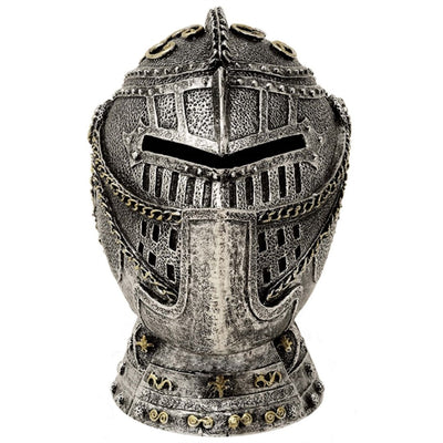 Decoratieve spaarpot ridderhelm met gravure - verouderd zilver, 13 cm