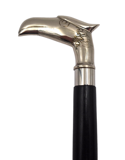Faltbarer Holzgehstock mit Adlerkopf - elegantes Geschenk mit Möglichkeit zur Personalisierung durch Gravur, Länge 91,5 cm, schwarz mit silberfarbenem Messinggriff