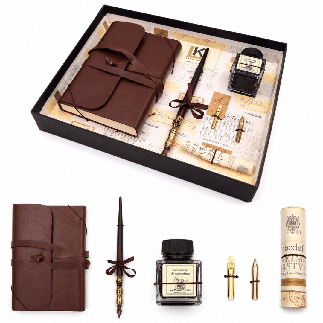 Set de calligraphie exclusif avec carnet - plume + 3 plumes métalliques + encrier - 5006