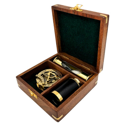 Retro Gift Set with Engraving – Brass Compass, Folding Telescope, Hourglass in a Wooden Box