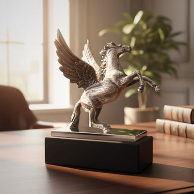 Pégase - figurine décorative en aluminium sur socle en acier et bois - NI9935