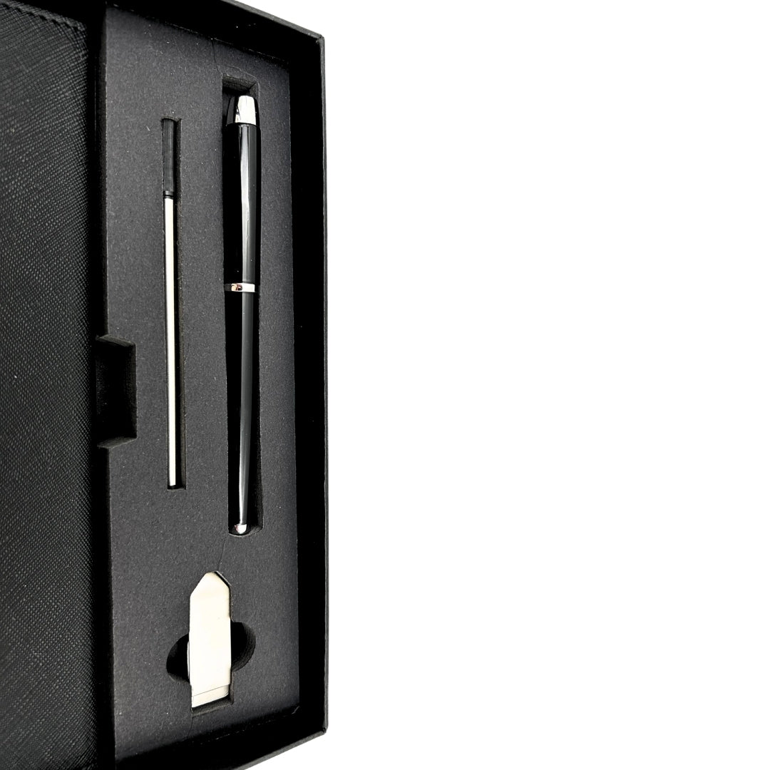 Élégant coffret cadeau premium – carnet A5 avec stylo et clé USB 16GB dans une boîte – noir et or – EE9