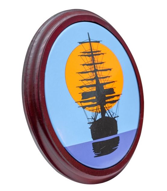 Tableau voilier au coucher du soleil - cadre en bois - plaque émaillée - décoration marine
