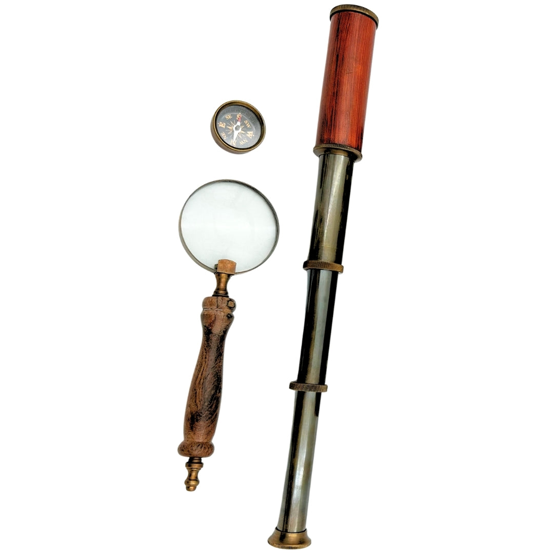 Coffret cadeau rétro exclusif – Longue-vue, boussole et loupe - NC102369
