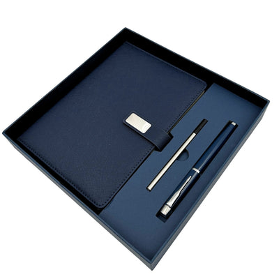 Elegantes Geschenkset marineblaues Ledernotizbuch A5 mit Kugelschreiber in Geschenkbox - EE13