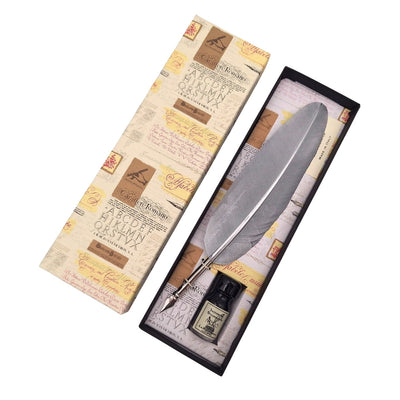 Coffret de calligraphie - Plume d’oie argentée avec plume métallique + encre – 7262/A
