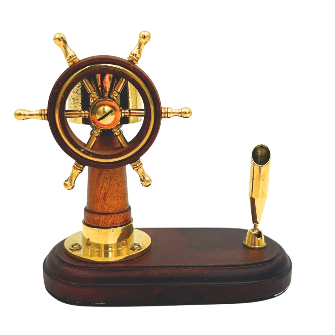 Élégant ensemble de bureau avec roue de gouvernail et boussole avec porte-stylo – Bois et laiton – TT017