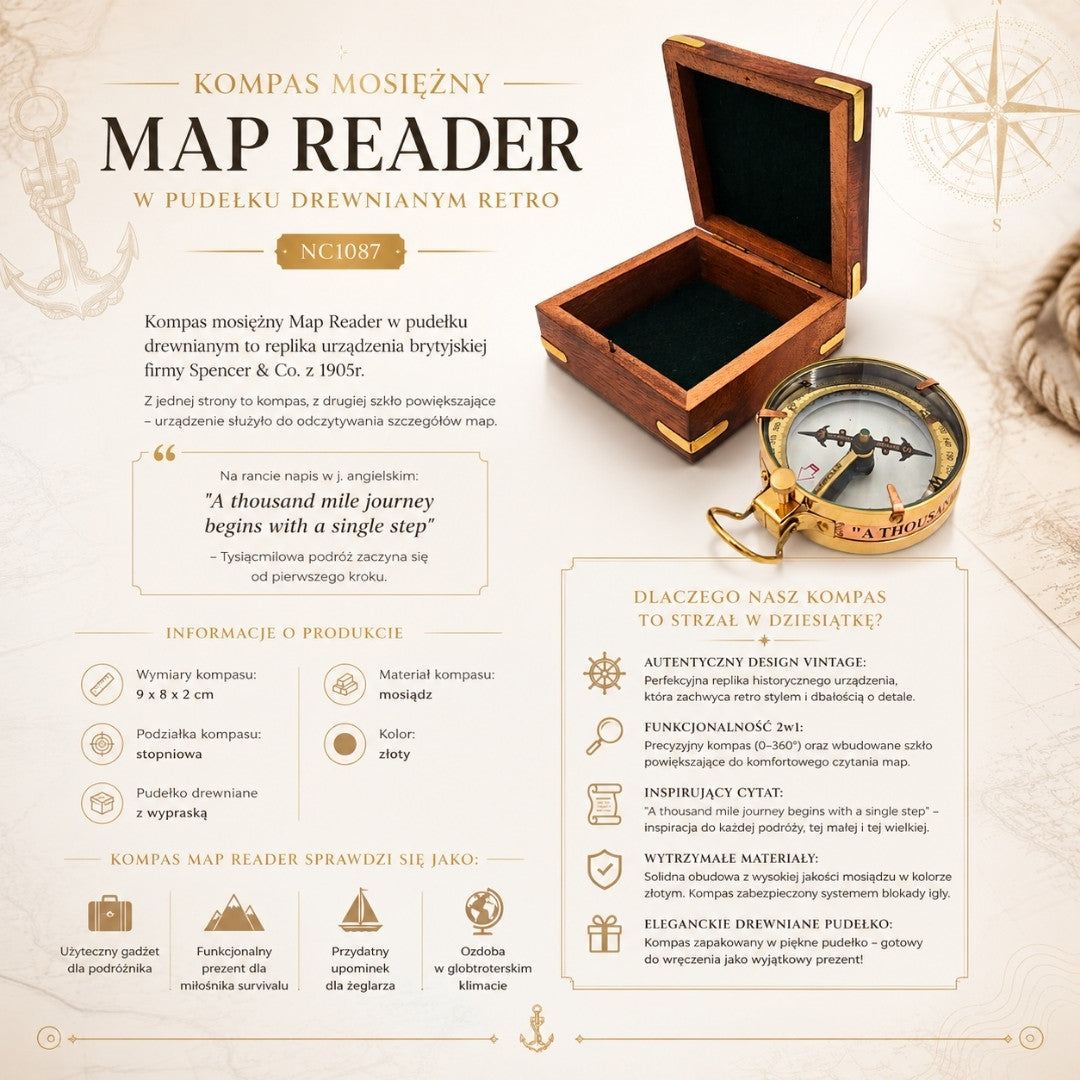 Messingkompass Map Reader in Retro-Holzkasten - NC1087