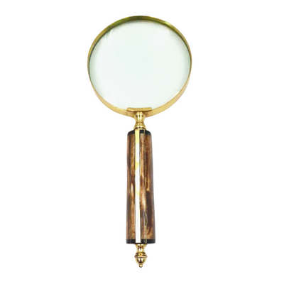 Loupe MFM avec monture en laiton et manche en os, grossissement 3.5x, personnalisable par gravure, idéale comme cadeau pour un collectionneur, coloris or et blanc/crème, dimensions 10 x 23 x 1.9 cm
