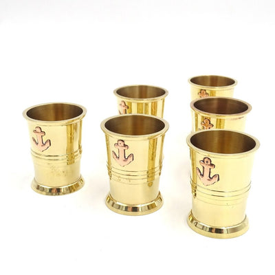 Set of 6 Metal Shot Glasses with Anchor in Wooden Box - Perfect Gift with Personalized Engraving Option - Golden Brass, 50ml Capacity, Elegant Design for Nautical Enthusiasts