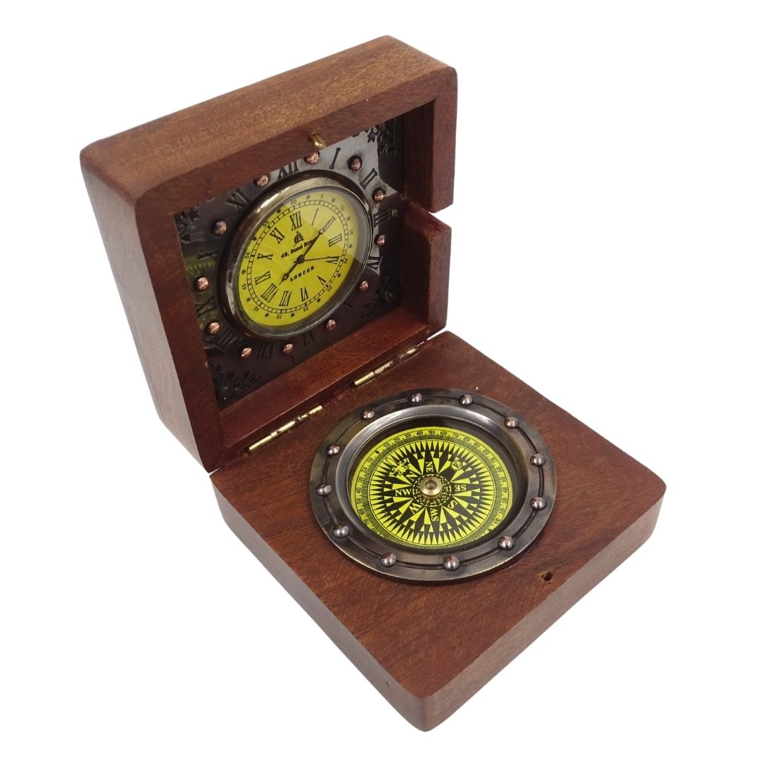Retro Compass and Clock in a Wooden Box with Custom Engraving
