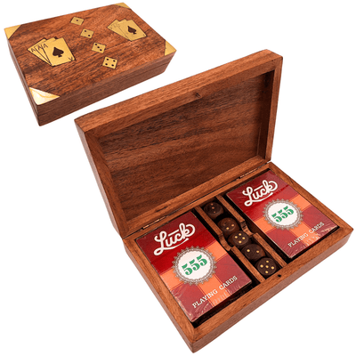 Spellenset - twee kaartspellen en dobbelstenen in een houten doos – elegant cadeau voor de speler – DNU-008
