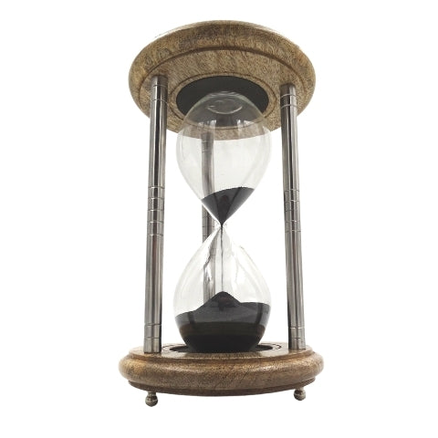 Brass-Wooden Hourglass 10 min with Engraving - Elegant Black Gift, Height 25 cm, Made of Metal, Glass, and Mango Wood