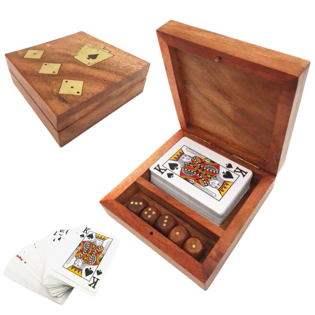 DÉFAUT DU PRODUIT : Élégant ensemble de jeu - jeu de cartes et dés dans une boîte en bois OUTLET- DNU-010AB