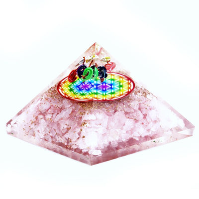 Pyramide Orgonite en Quartz Rose avec Motif Arc-en-ciel de la Fleur de Vie