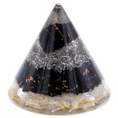 Pyramide Orgonite avec Sélénite et Tourmaline Noire - Décoration Élégante Hauteur 90 mm, Résine Polyester, Protection contre la Pollution Électromagnétique