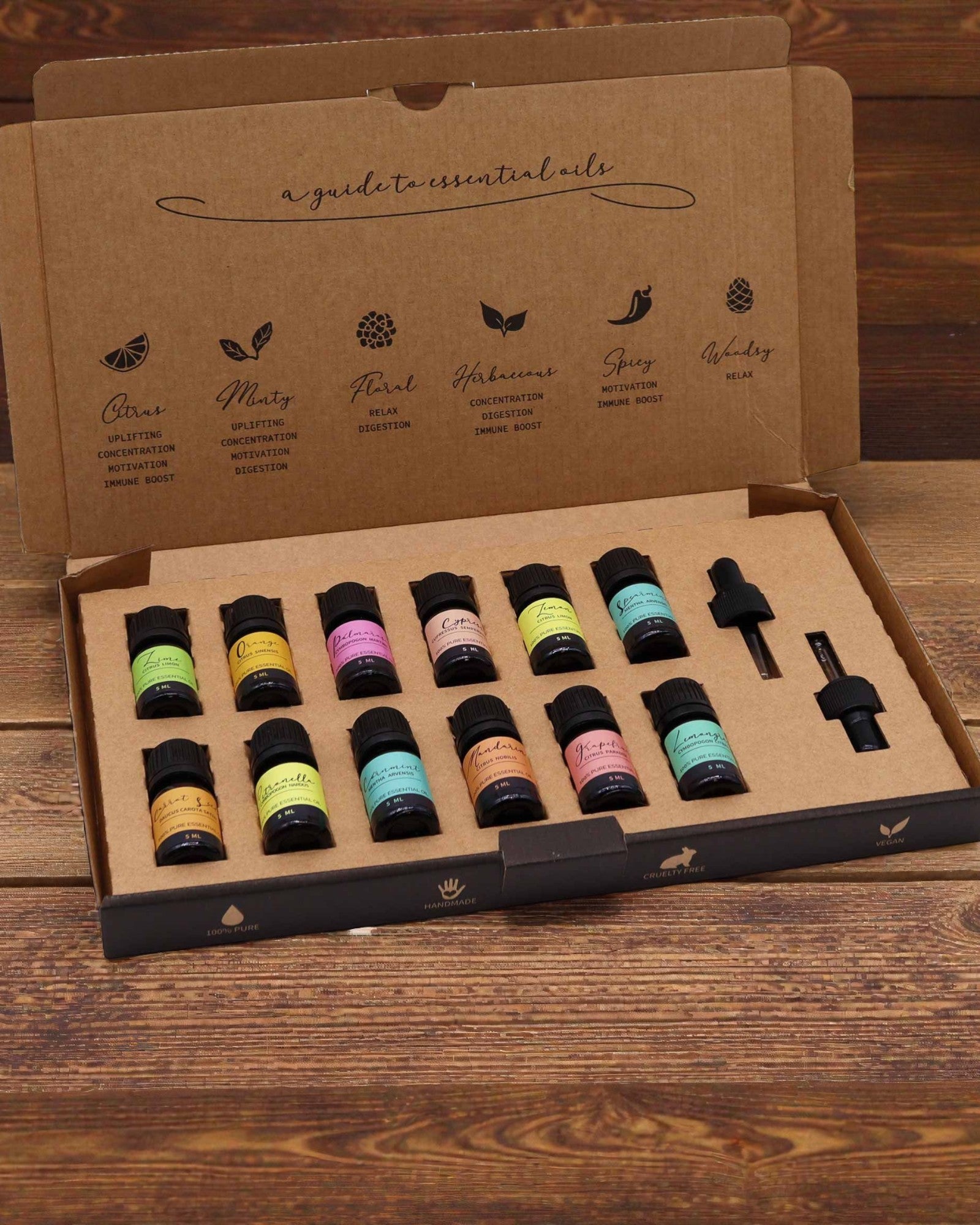 Énergie estivale de la nature – Ensemble de luxe de 12 huiles essentielles de 5 ml avec pipettes