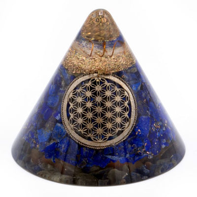 Orgonit-Kegel Lapislazuli Blume des Lebens mit aufgehängtem Quarz - 90 mm, blau-gold, Glasharz und Metallspäne