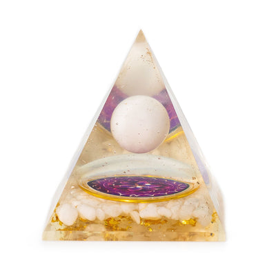 Pyramide Orgonite avec Boule de Quartz Blanche 7x6 cm - Morceaux Naturels de Quartz et Paillettes Dorées