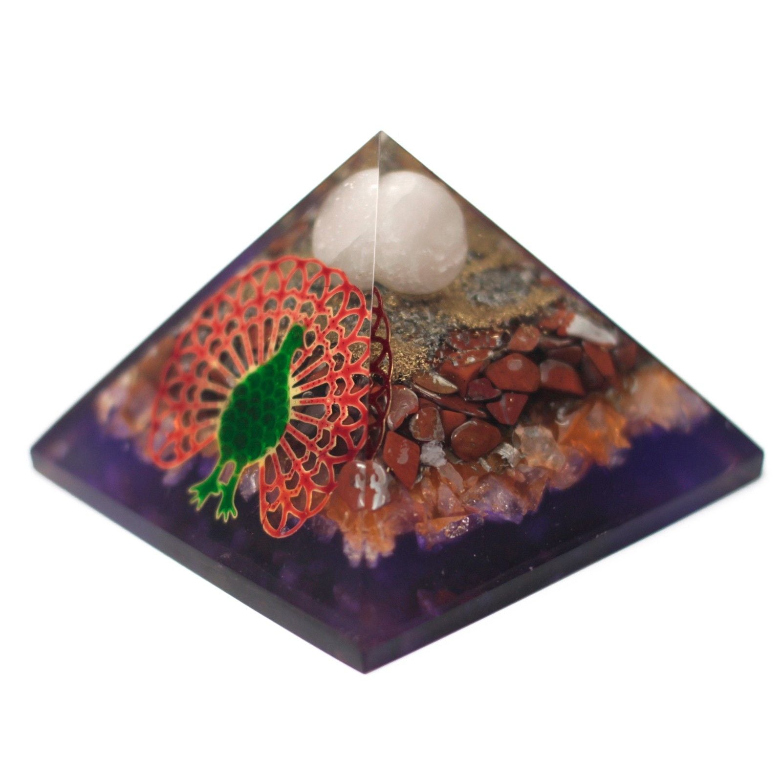 Pyramide Orgonite 70mm - Paon au Design Multicolore avec Pierres Précieuses et Cuivre