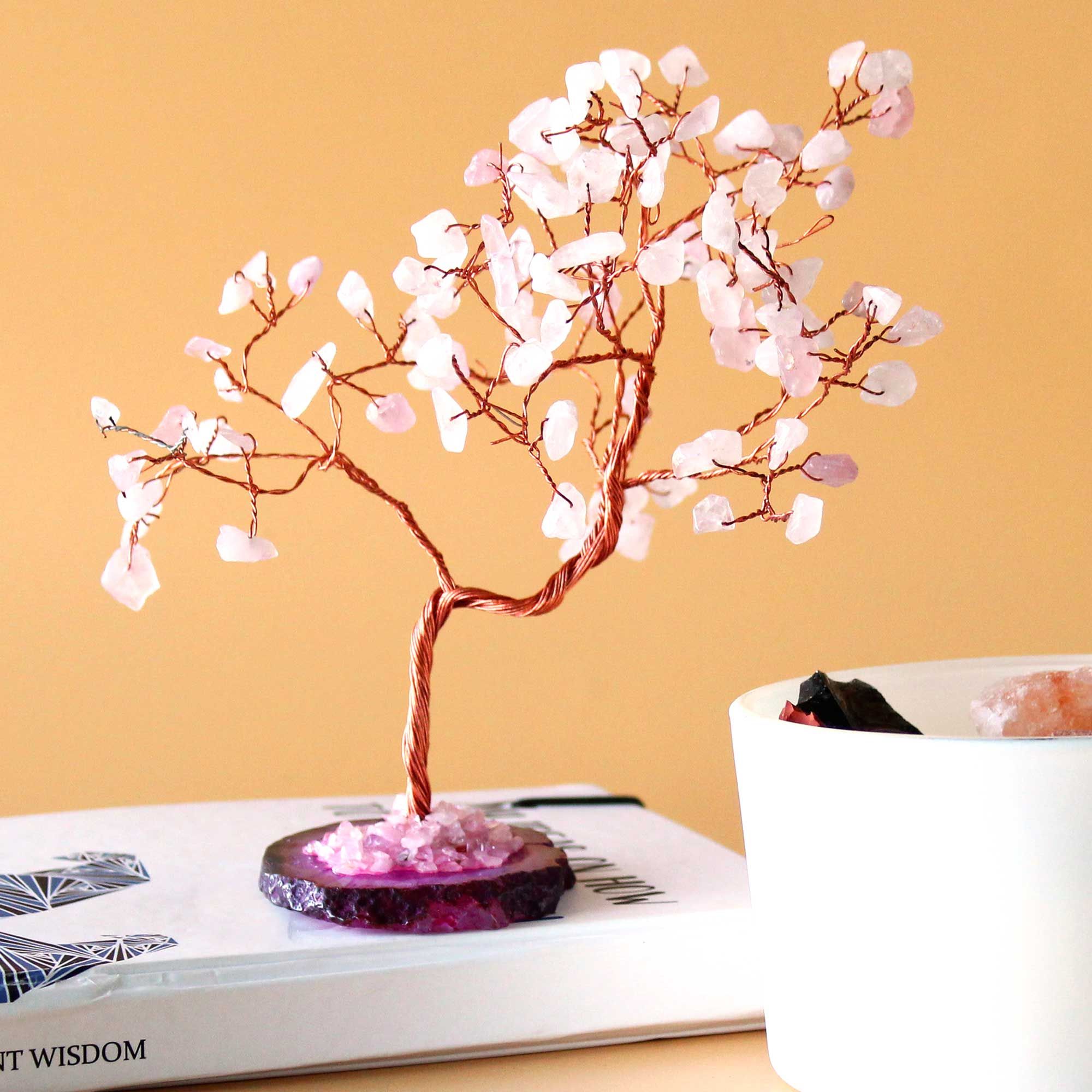 Arbre en Quartz Rose sur Base d'Agate Rose  