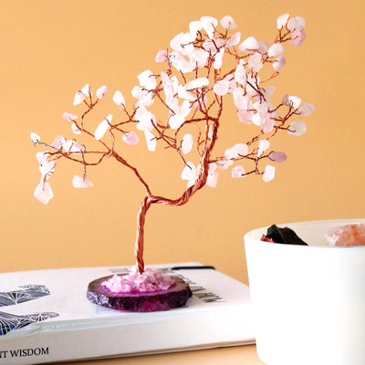 Arbre en Quartz Rose sur Base d'Agate Rose  