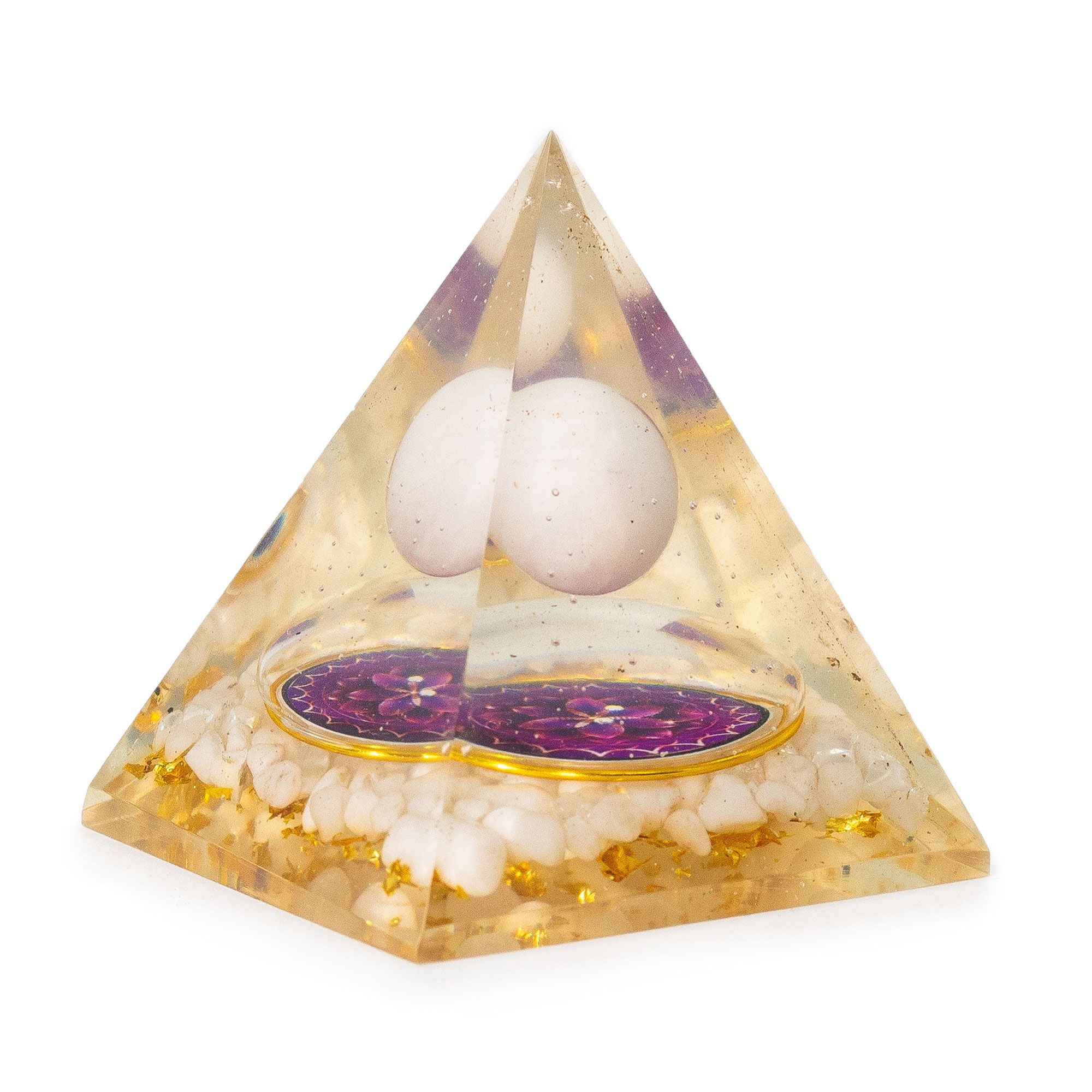 Pyramide Orgonite avec Boule de Quartz Blanche 7x6 cm - Morceaux Naturels de Quartz et Paillettes Dorées