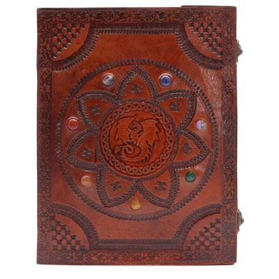 Livre du Mandala du Dragon avec pierres des chakras - fait main, cuir naturel, 100 pages lisses, 25x34 cm