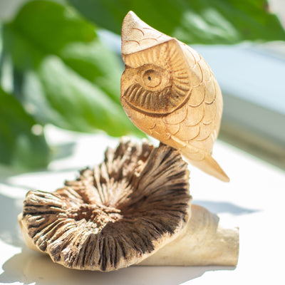 Handgemaakt uilenbeeld van boomknobbel - Uniek cadeaufiguur, hoogte 11 cm, natuurlijke tinten uit Indonesië
