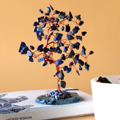 Grand Arbre de Pierres en Sodalite sur Base d'Agate Bleue  