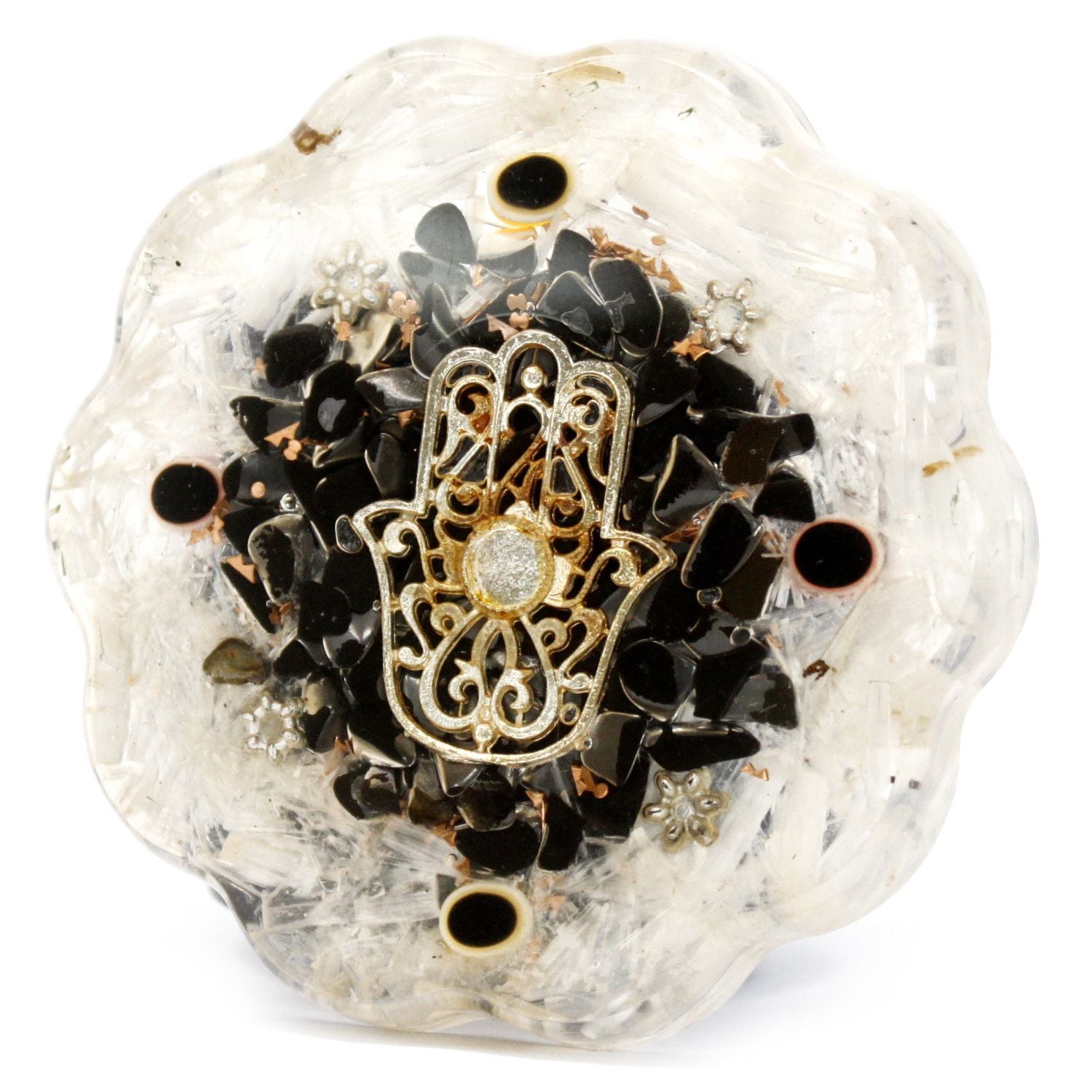 Pack d'Énergie de Bureau Orgonite Hamsa avec Sélénite