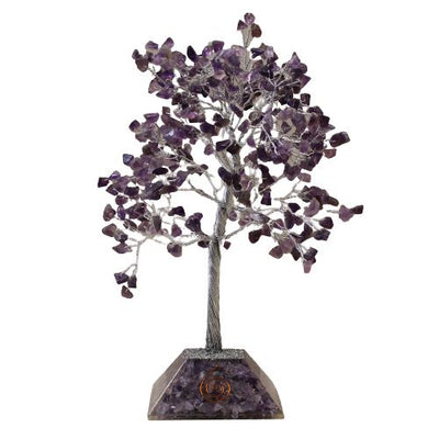 Arbre du Bonheur avec Cristaux d'Améthyste - 320 Pierres, Feuilles Violettes, Base Orgonite