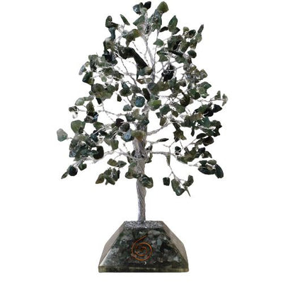 Arbre magique avec pierres mousse d'agate sur base en orgonite