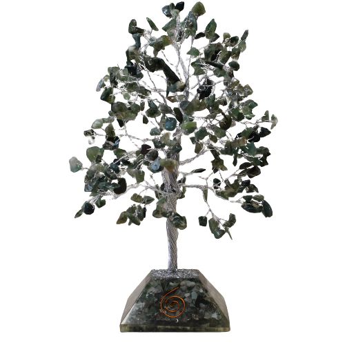 Arbre magique avec pierres mousse d'agate sur base en orgonite