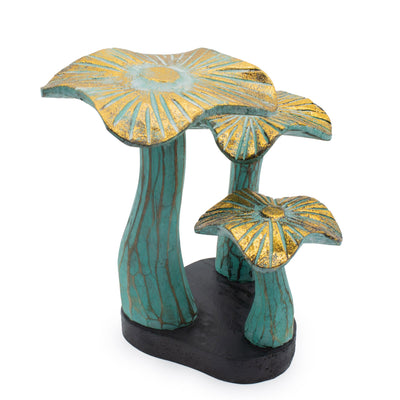 Petit champignon doré artistique 20 cm - Fait main en bois aux nuances turquoise