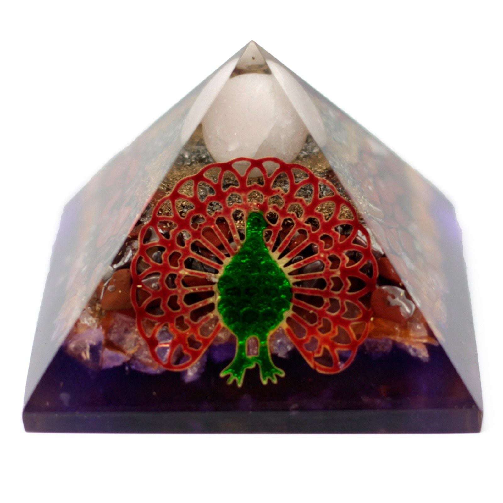 Pyramide Orgonite 70mm - Paon au Design Multicolore avec Pierres Précieuses et Cuivre