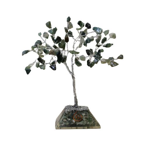 Arbre du bonheur avec base en orgonite et 80 pierres d'agate mousse