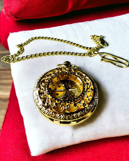 "Złoty Majestat" - Montre de Poche Mécanique de Luxe avec Cœur Transparent. Personnalisation par Gravure