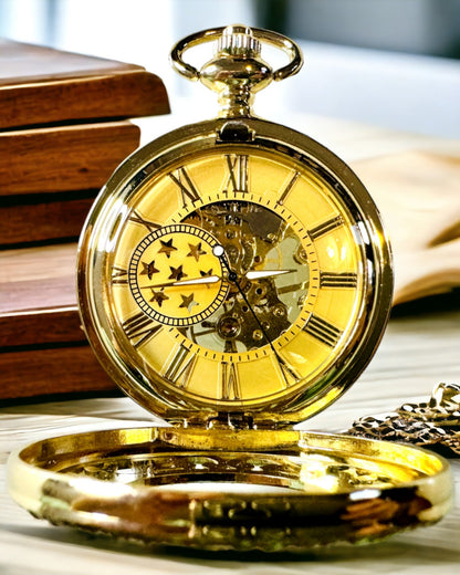 "Złoty Majestat" - Montre de Poche Mécanique de Luxe avec Cœur Transparent. Personnalisation par Gravure