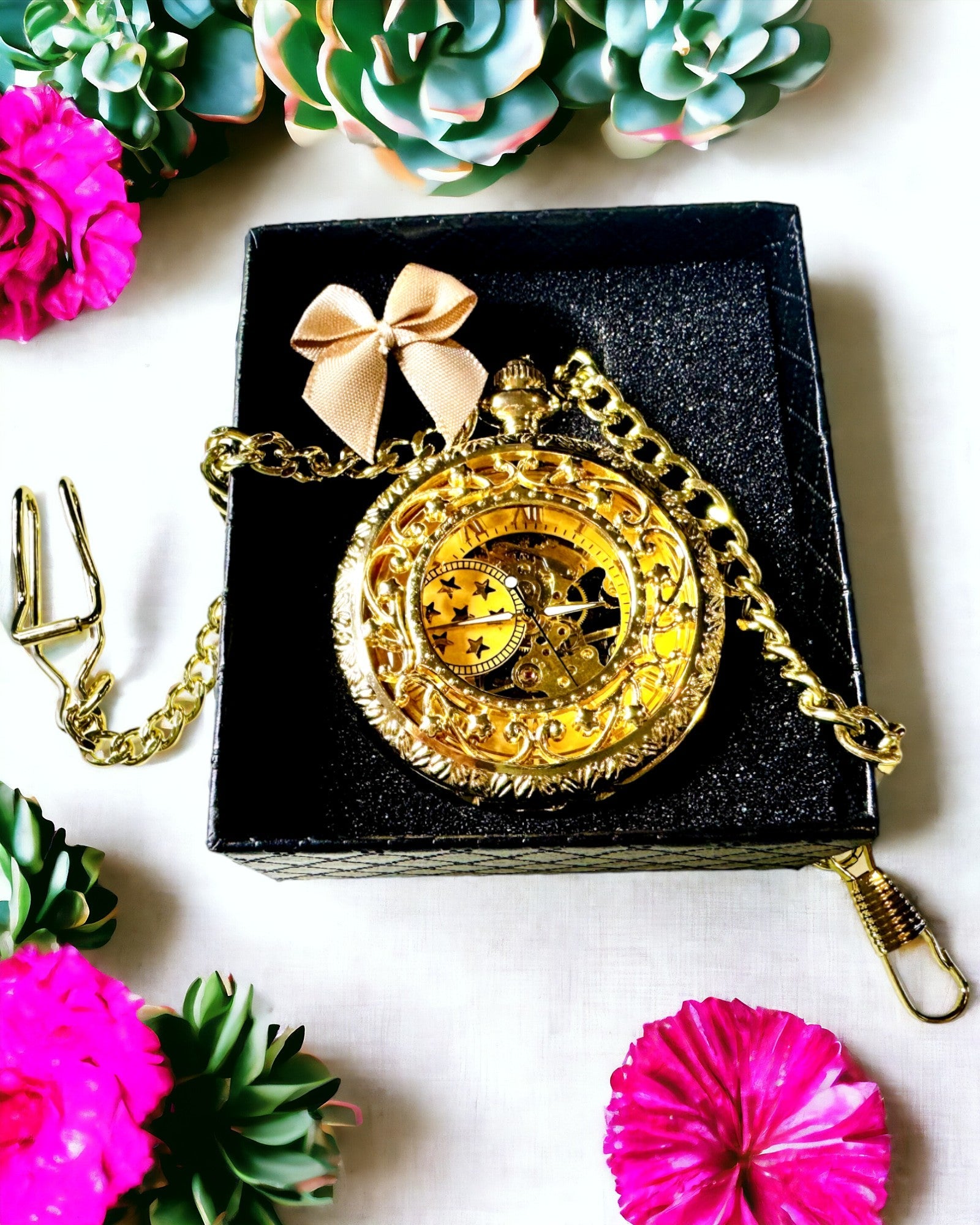 "Złoty Majestat" - Montre de Poche Mécanique de Luxe avec Cœur Transparent. Personnalisation par Gravure