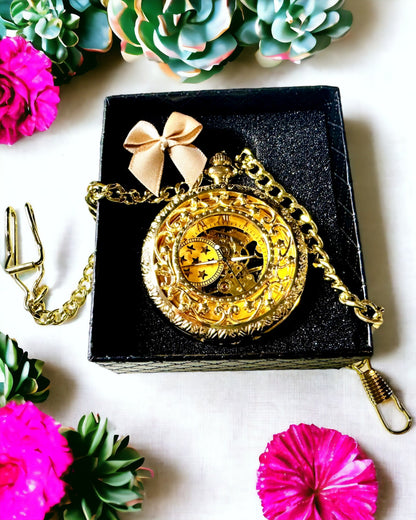 "Złoty Majestat" - Montre de Poche Mécanique de Luxe avec Cœur Transparent. Personnalisation par Gravure