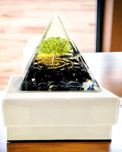 Orgonite Reiki Pyramid with Natural Crystals - Decorative Symbol of Chakra Energy Balance